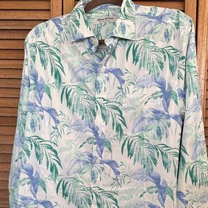 Tommy Bahama Palm Leaf Button-Up Shirt - Green & Blue on White